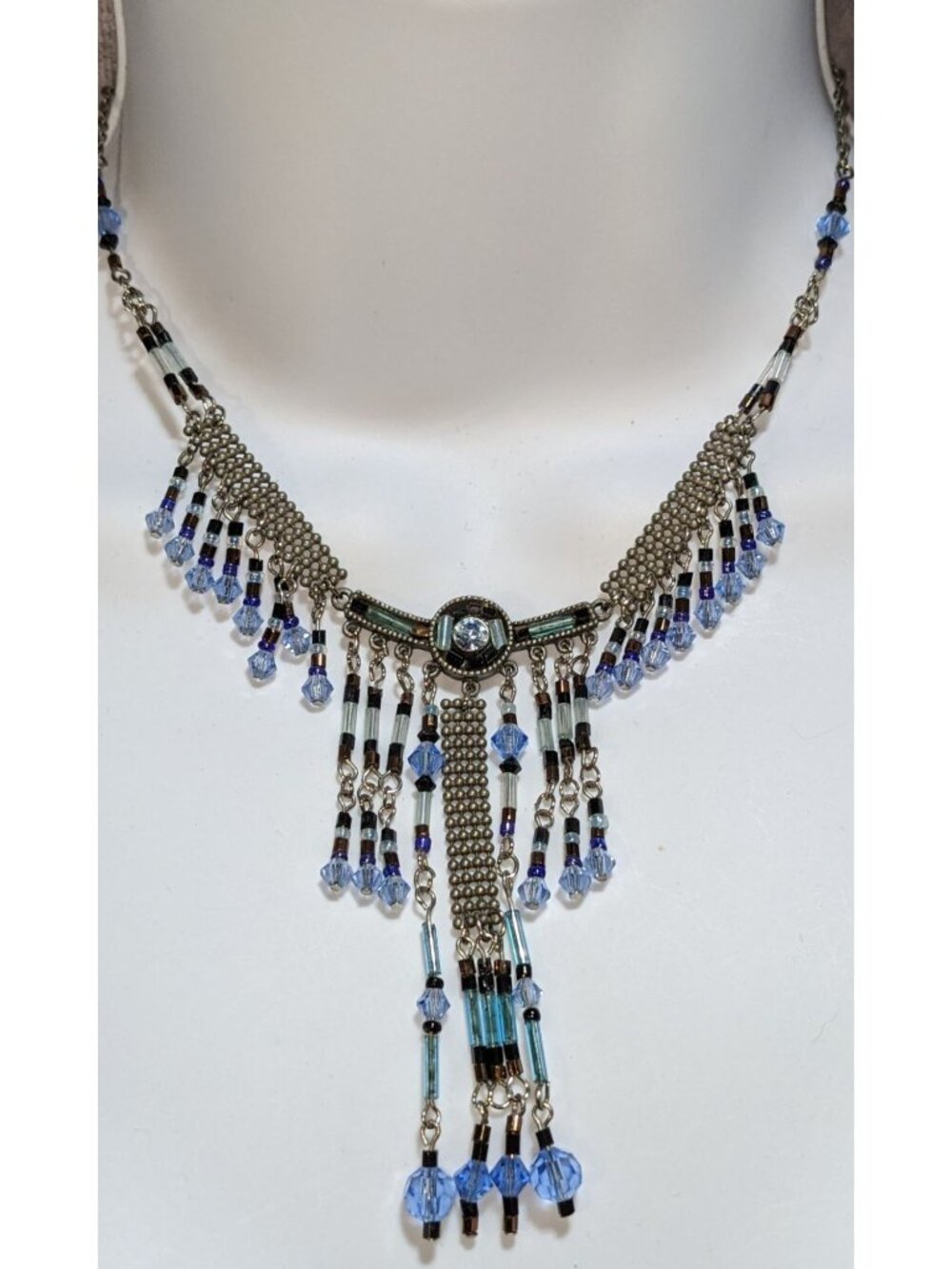 Blue Crystal Fringe Statement Necklace Vintage Beaded Bib Silver Tone Festival J